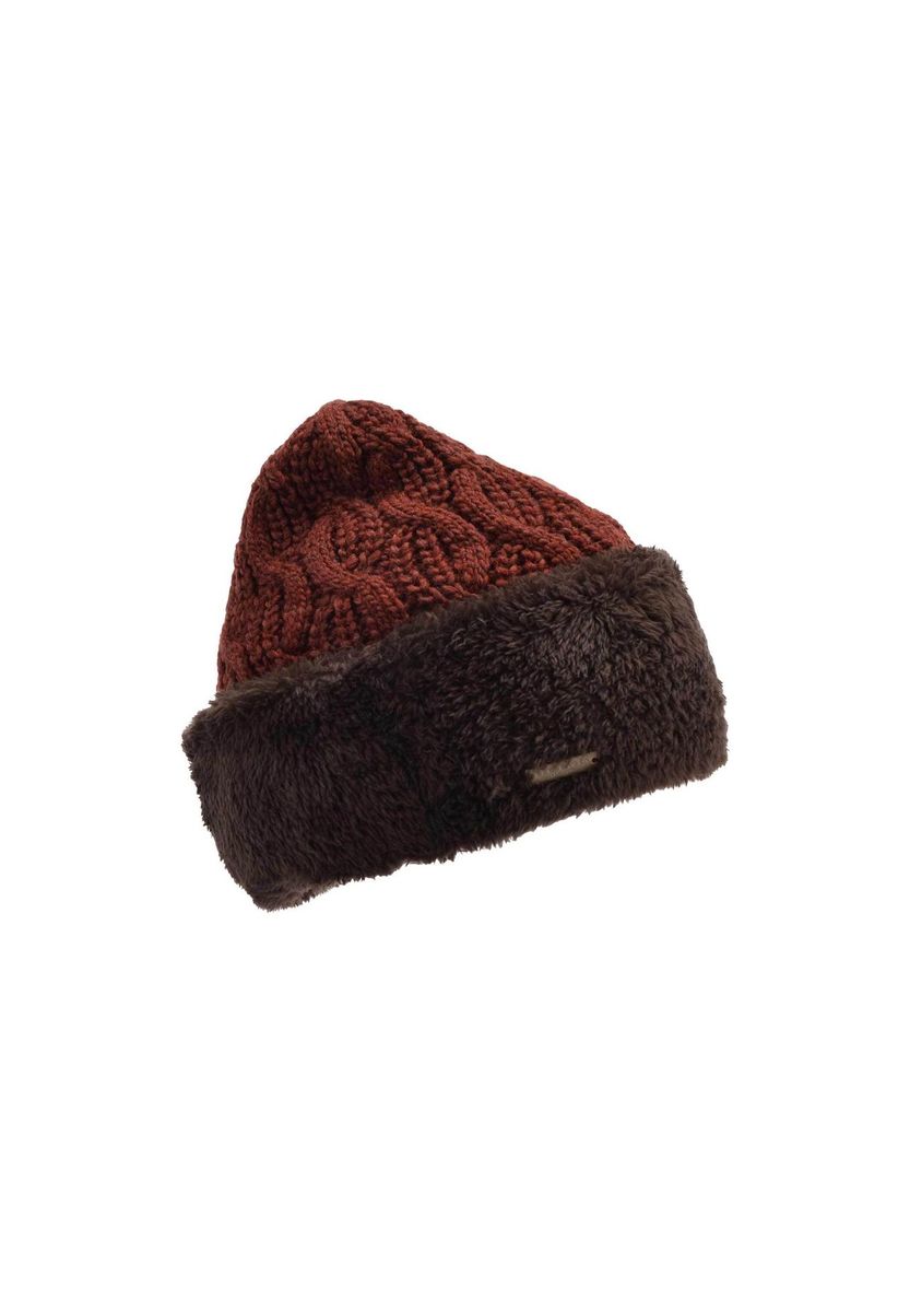 Strickmütze mit Zopfmuster und Kunstfellbesatz