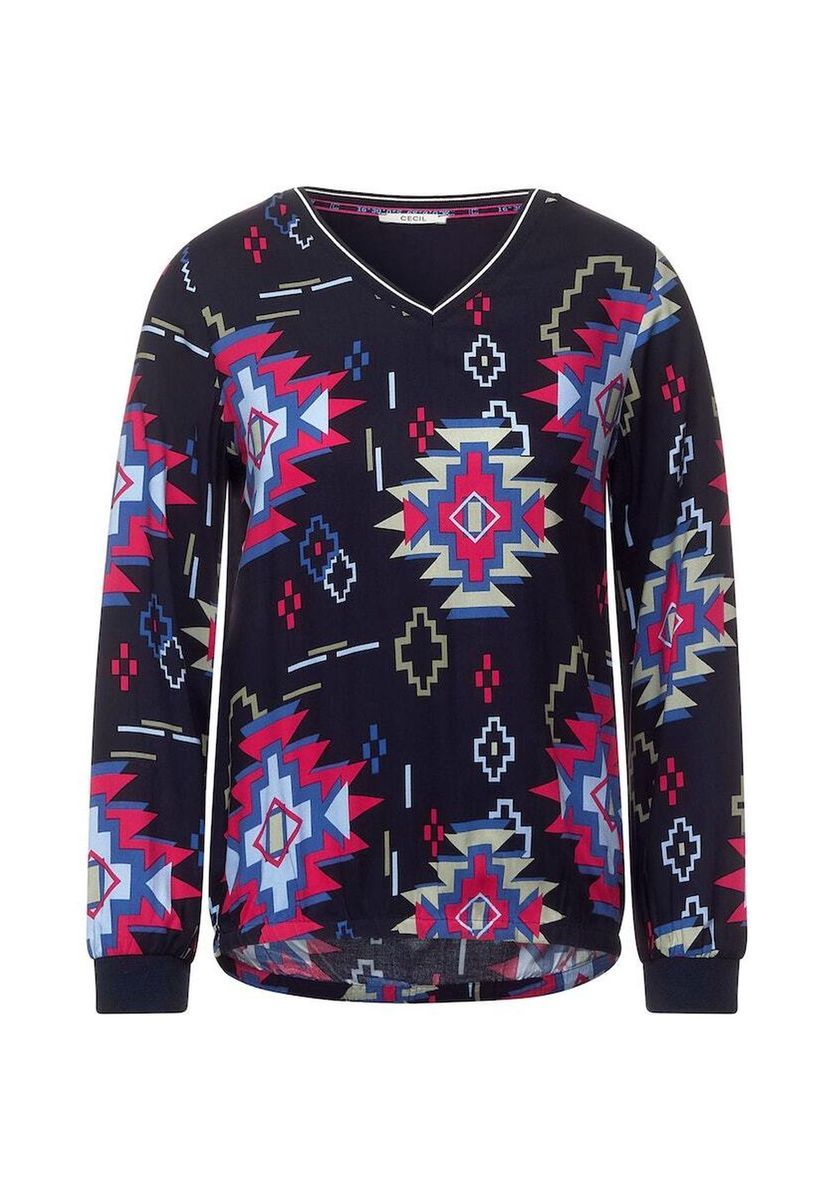 Langarmshirt mit aztekischem Print und V-Ausschnitt