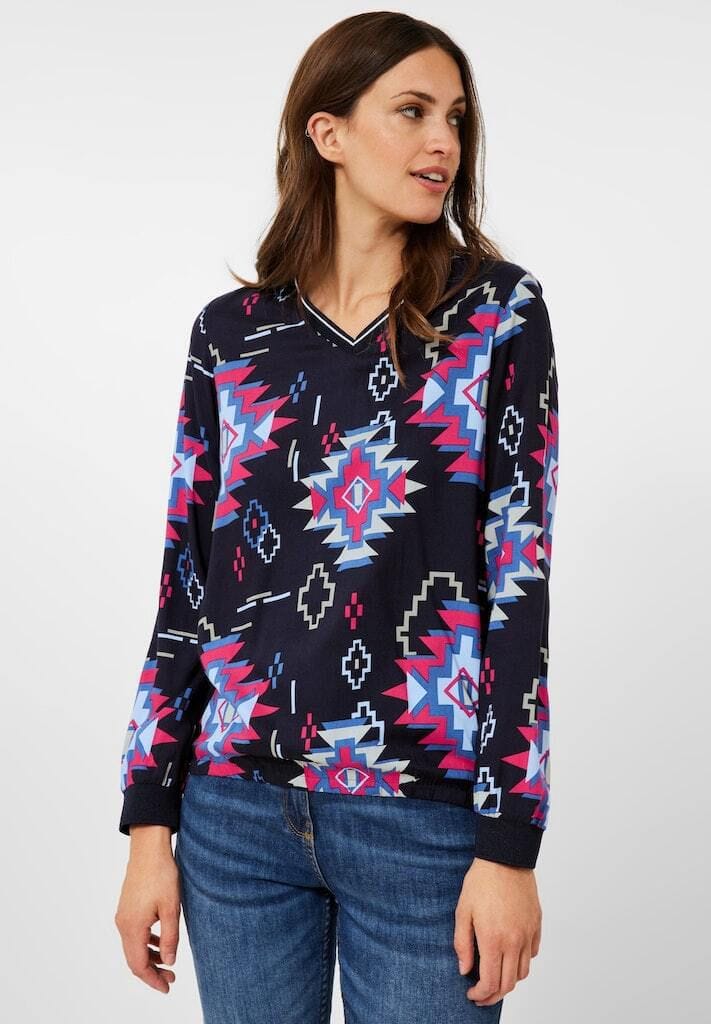 Langarmshirt mit aztekischem Print und V-Ausschnitt