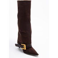Kniehohe Wildlederstiefel mit Schnallenriemen