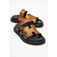 Leder-Pantoletten in Metallic-Kroko-Optik
