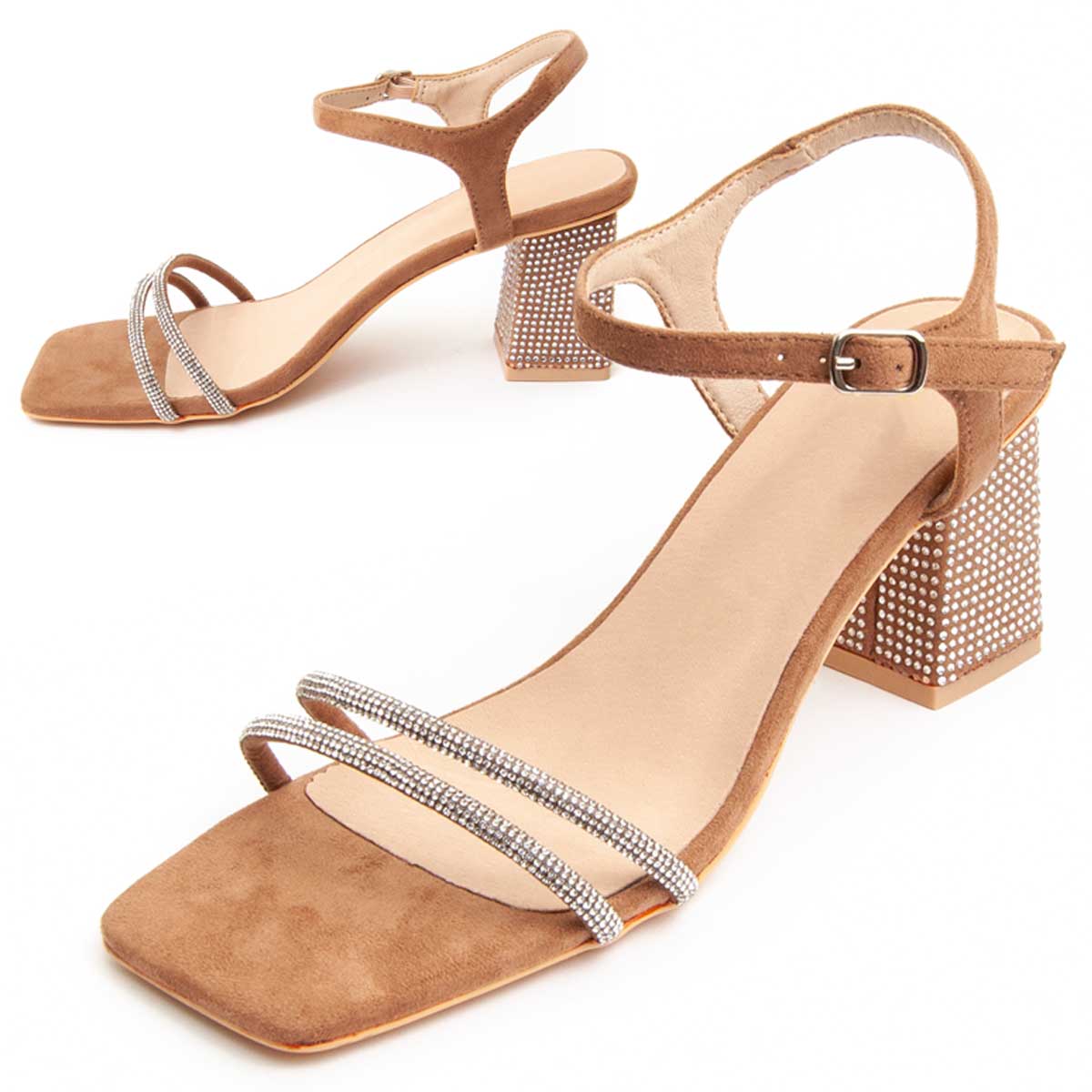 Sandalen mit Kristallbesatz und Blockabsatz