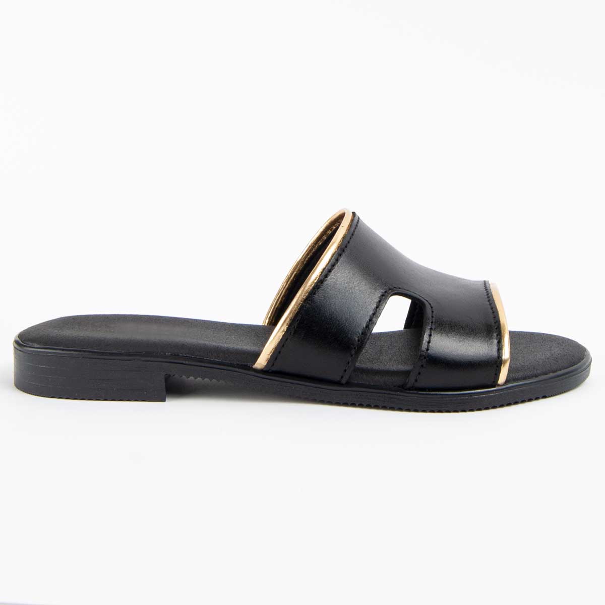 Flache Leder-Pantoletten mit Goldkante
