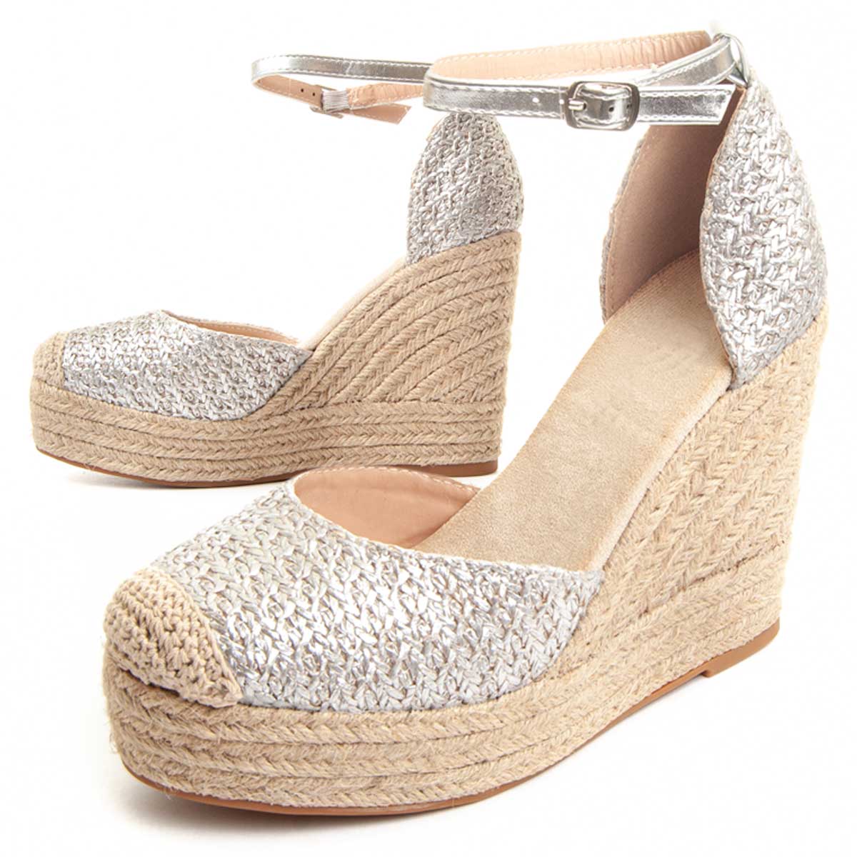 Strukturierte Espadrille-Keilsandaletten mit Plateau