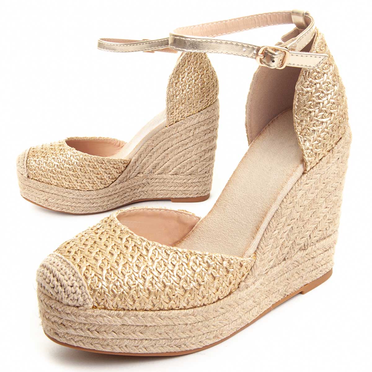Geflochtene Metallic-Espadrilles mit Knöchelriemen