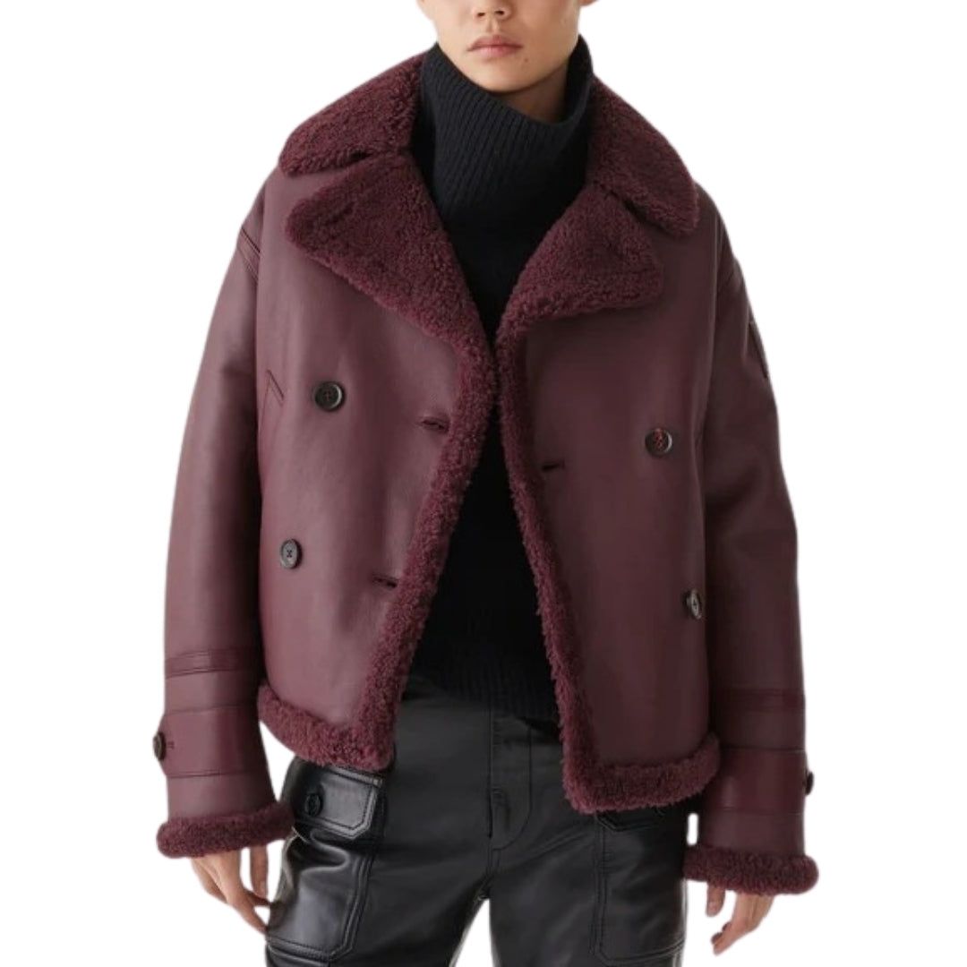 Zweireihige Shearling-Lederjacke