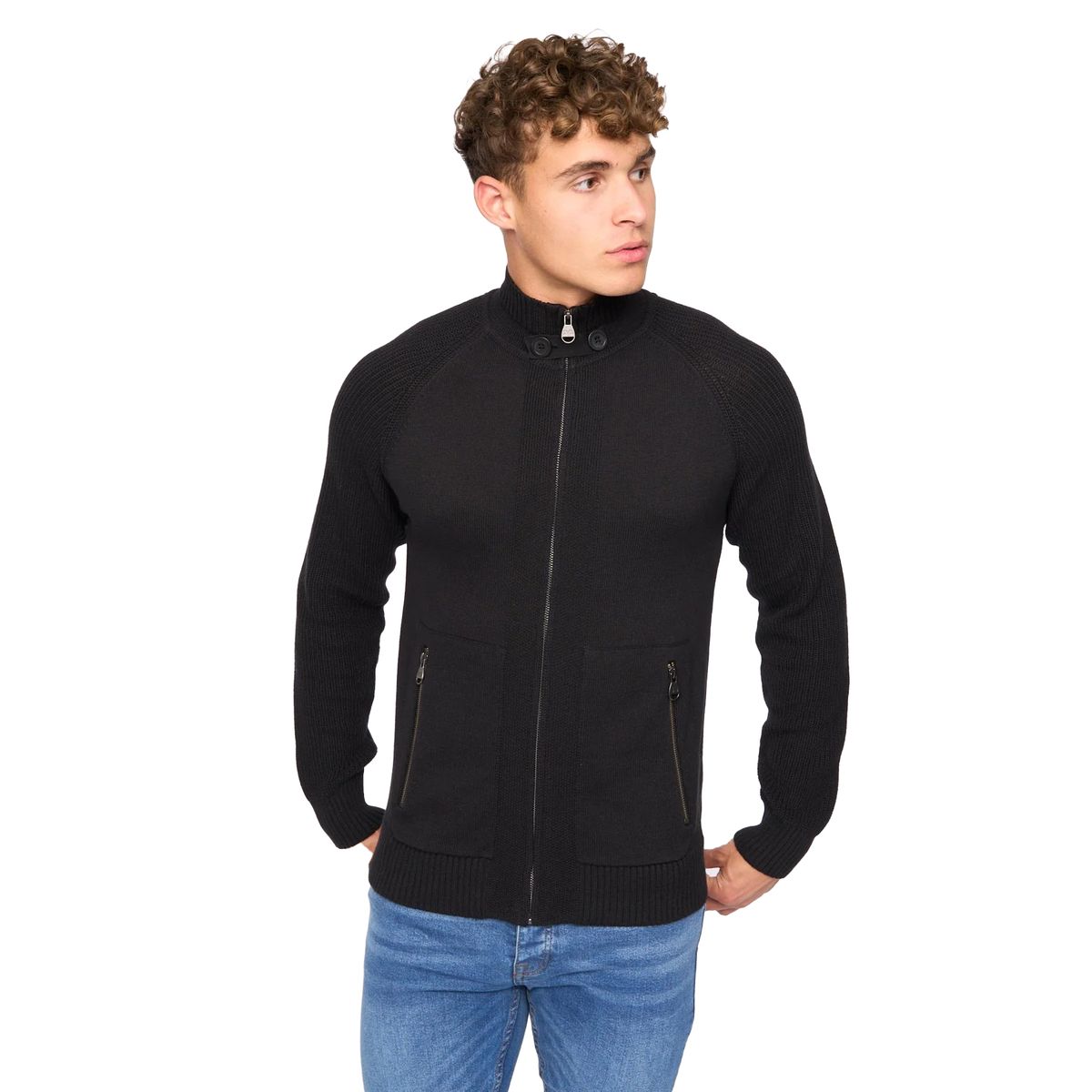 Struktur-Strickjacke mit hohem Kragen