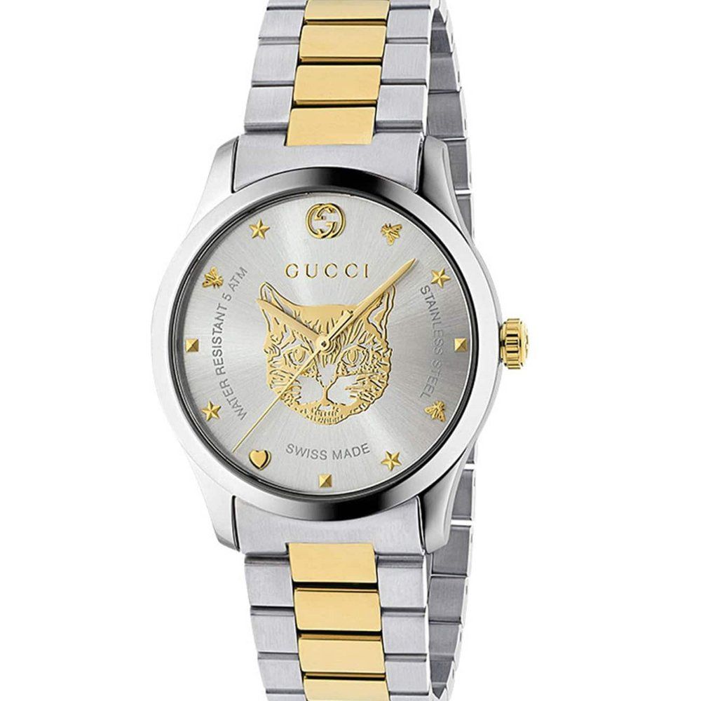 Zweifarbige G-Timeless Uhr mit Katzenmotiv