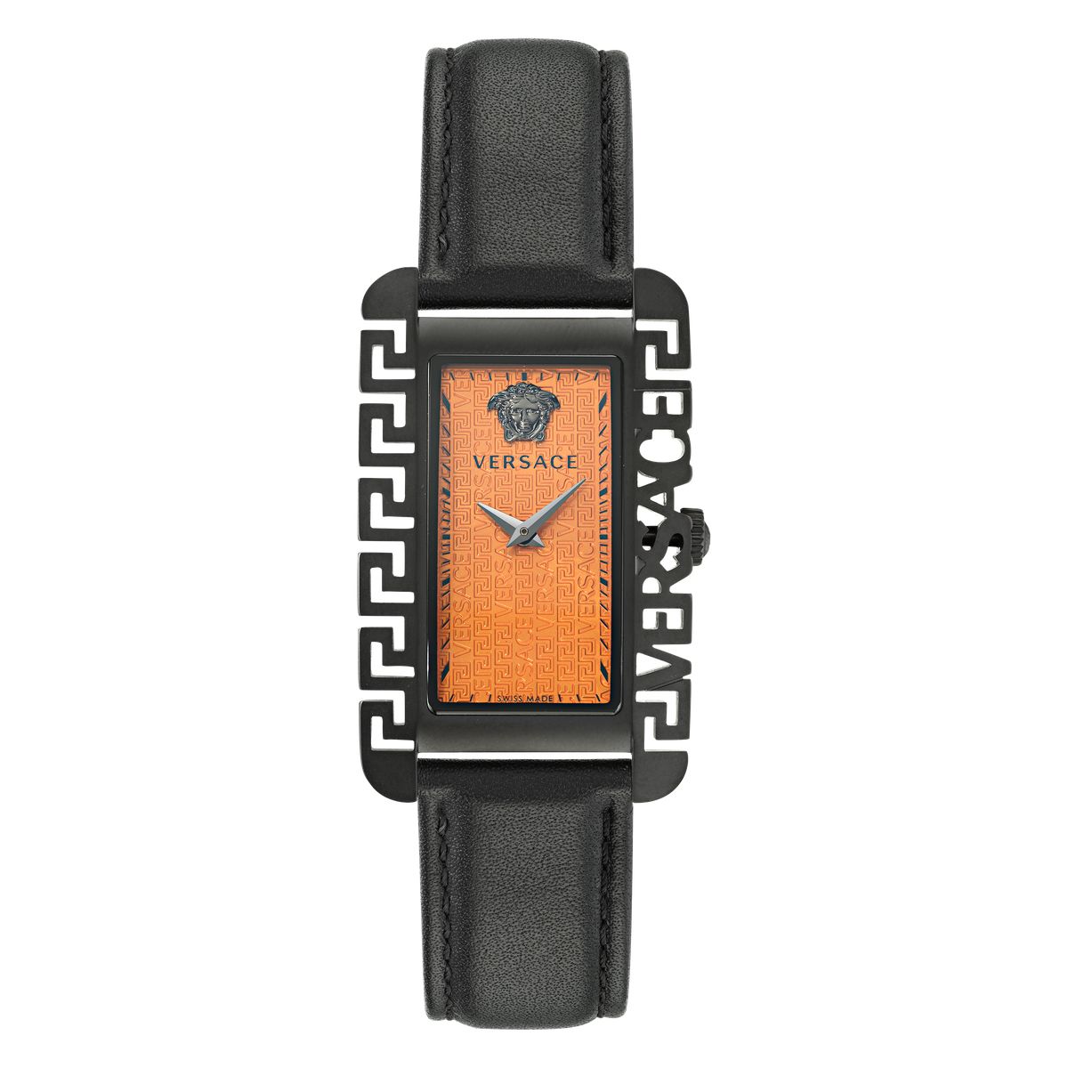 Rechteckige Lederuhr mit Greca-Muster