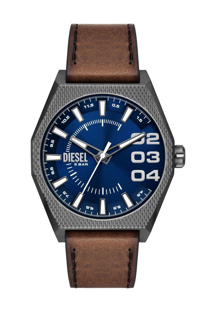 Uhr mit strukturiertem grauen Gehäuse, blauem Zifferblatt