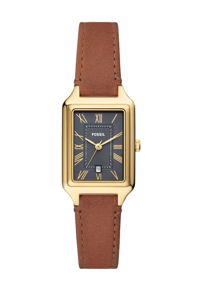 Elegante goldfarbene Uhr mit braunem Lederarmband