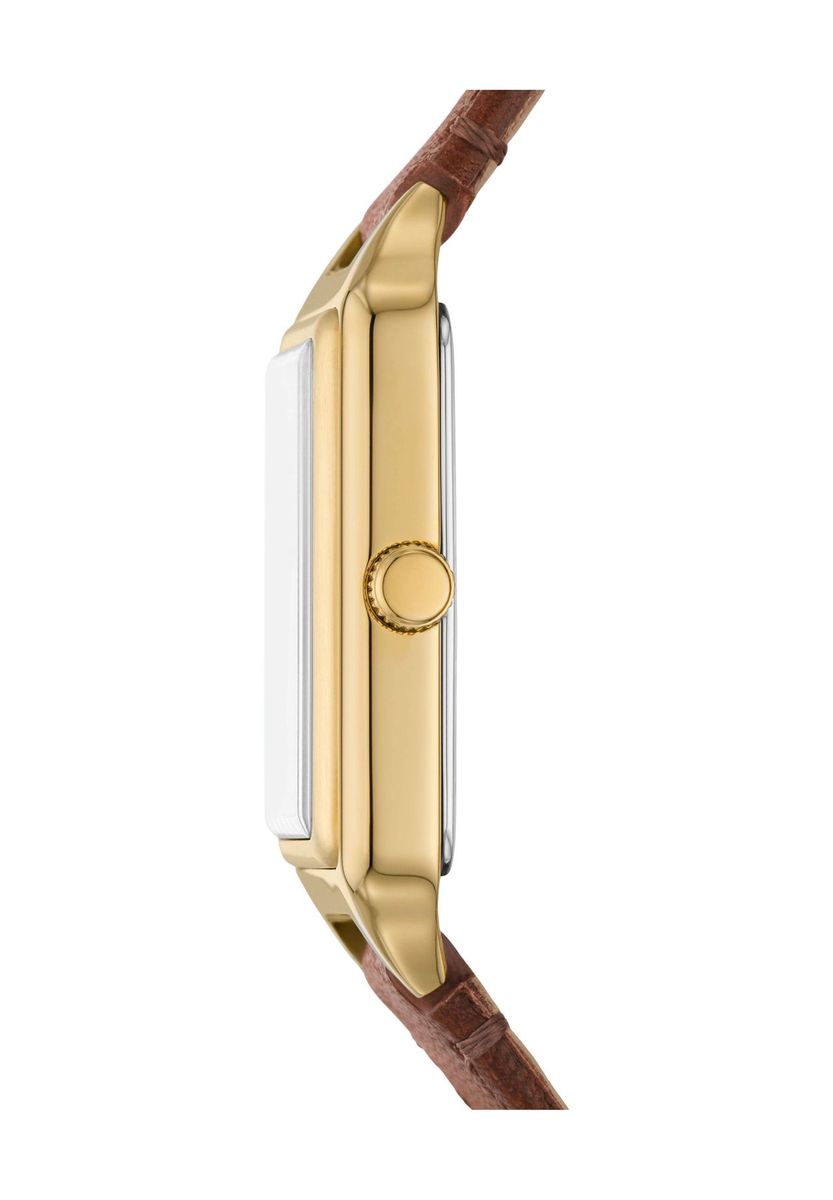 Elegante goldfarbene Uhr mit braunem Lederarmband