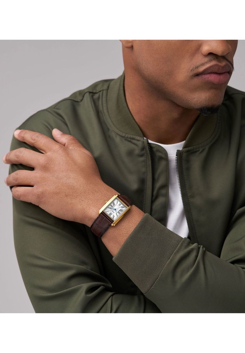 Rechteckige Goldfarbene Armbanduhr mit Lederarmband