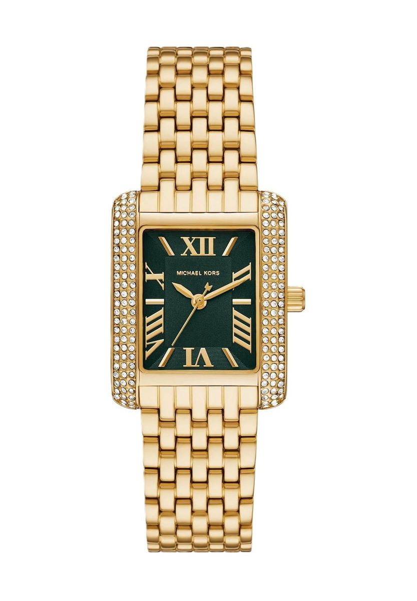 Goldfarbene Edelstahluhr mit grünem Zifferblatt