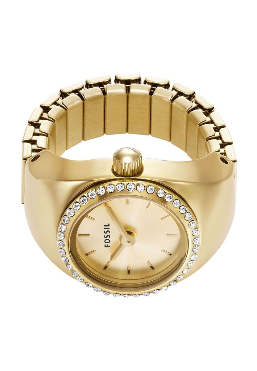 Goldfarbene Ringuhr mit Kristallakzenten