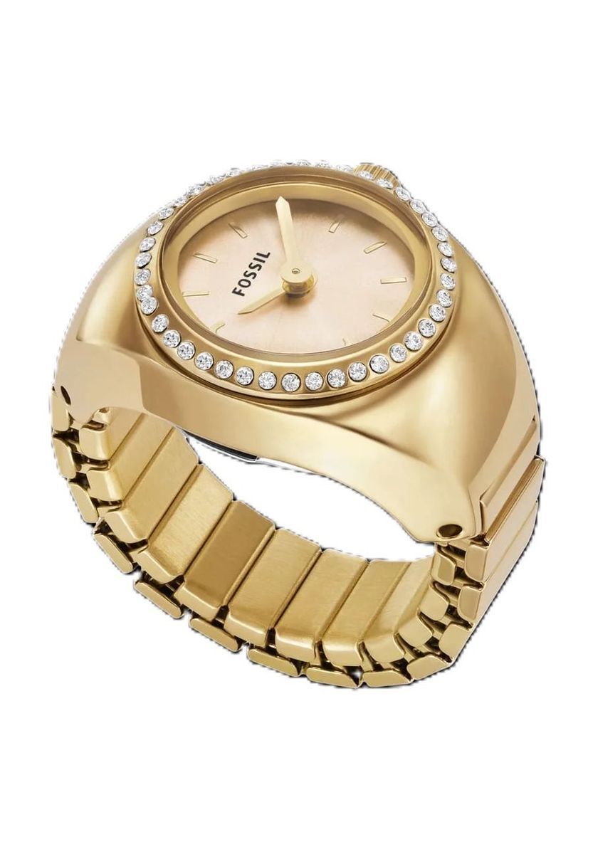 Goldfarbene Ringuhr mit Kristallakzenten