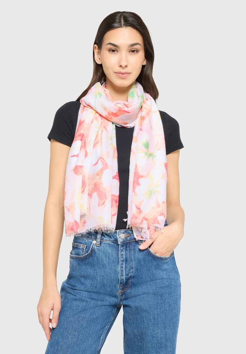 Leichter Schal mit Blumenmuster und Fransen