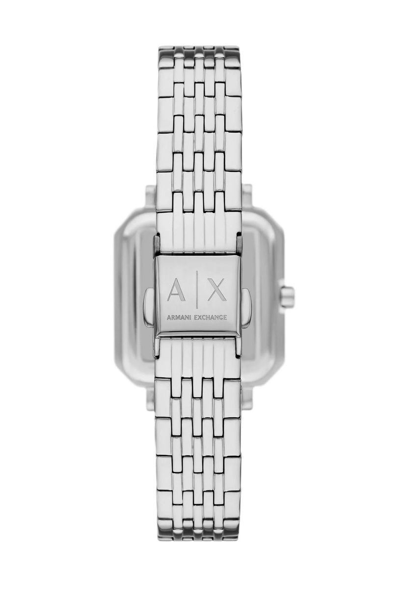 Silberne Armbanduhr mit quadratischem Zifferblatt