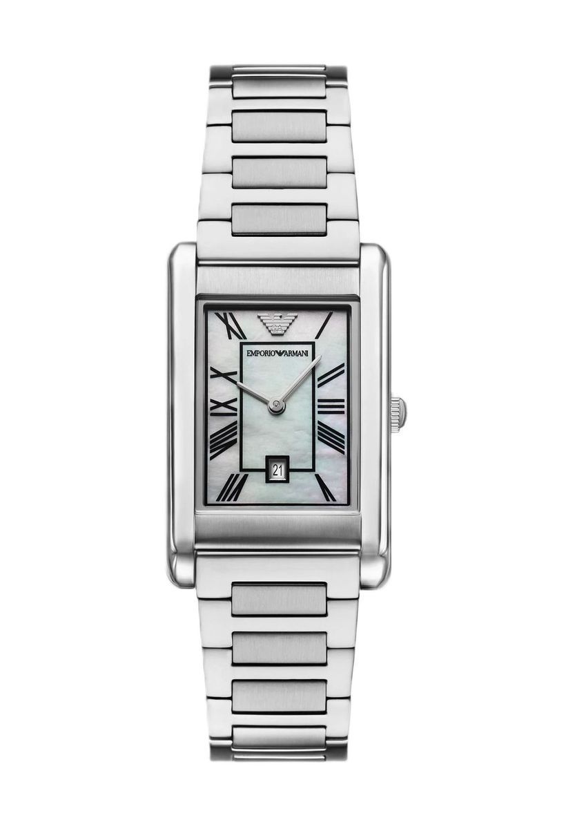 Silberne rechteckige Uhr mit Perlmuttzifferblatt