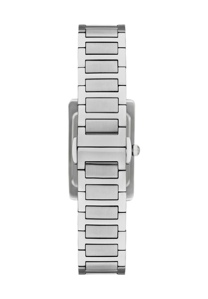 Silberne rechteckige Uhr mit Perlmuttzifferblatt