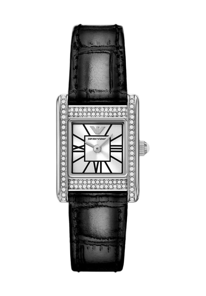 Rechteckige Silberfarbene Uhr mit Schwarzem Armband