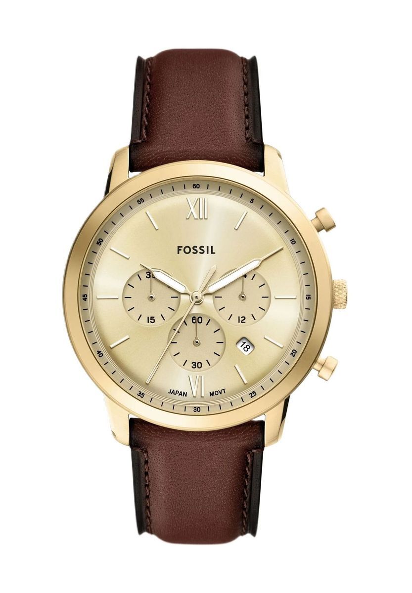 Klassischer goldfarbener Chronograph mit braunem Leder