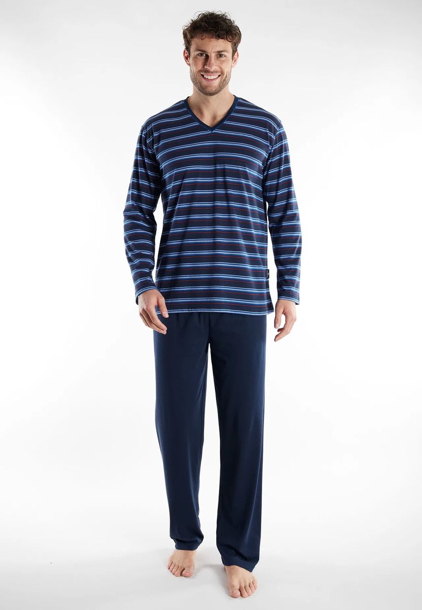 Gestreifter Langarm-Schlafanzug mit V-Ausschnitt