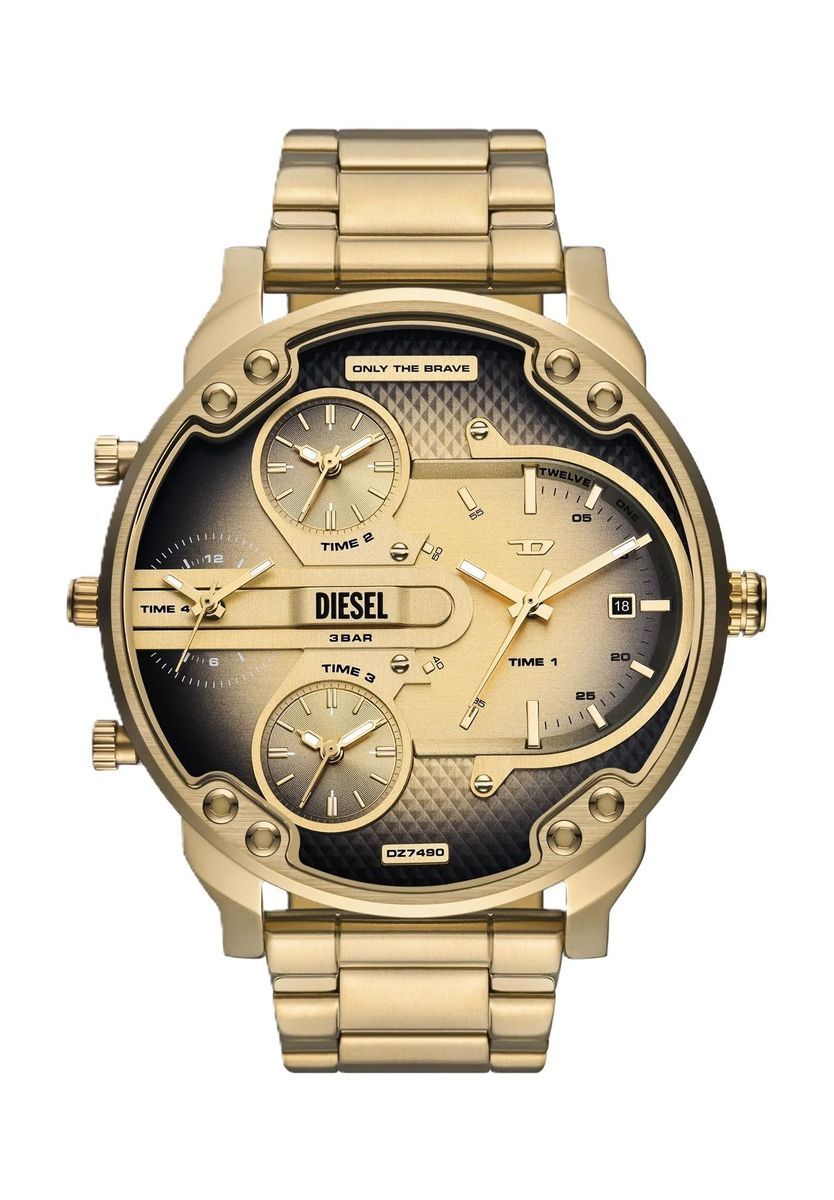 Goldfarbene Chronographenuhr mit mehreren Zeitzonen