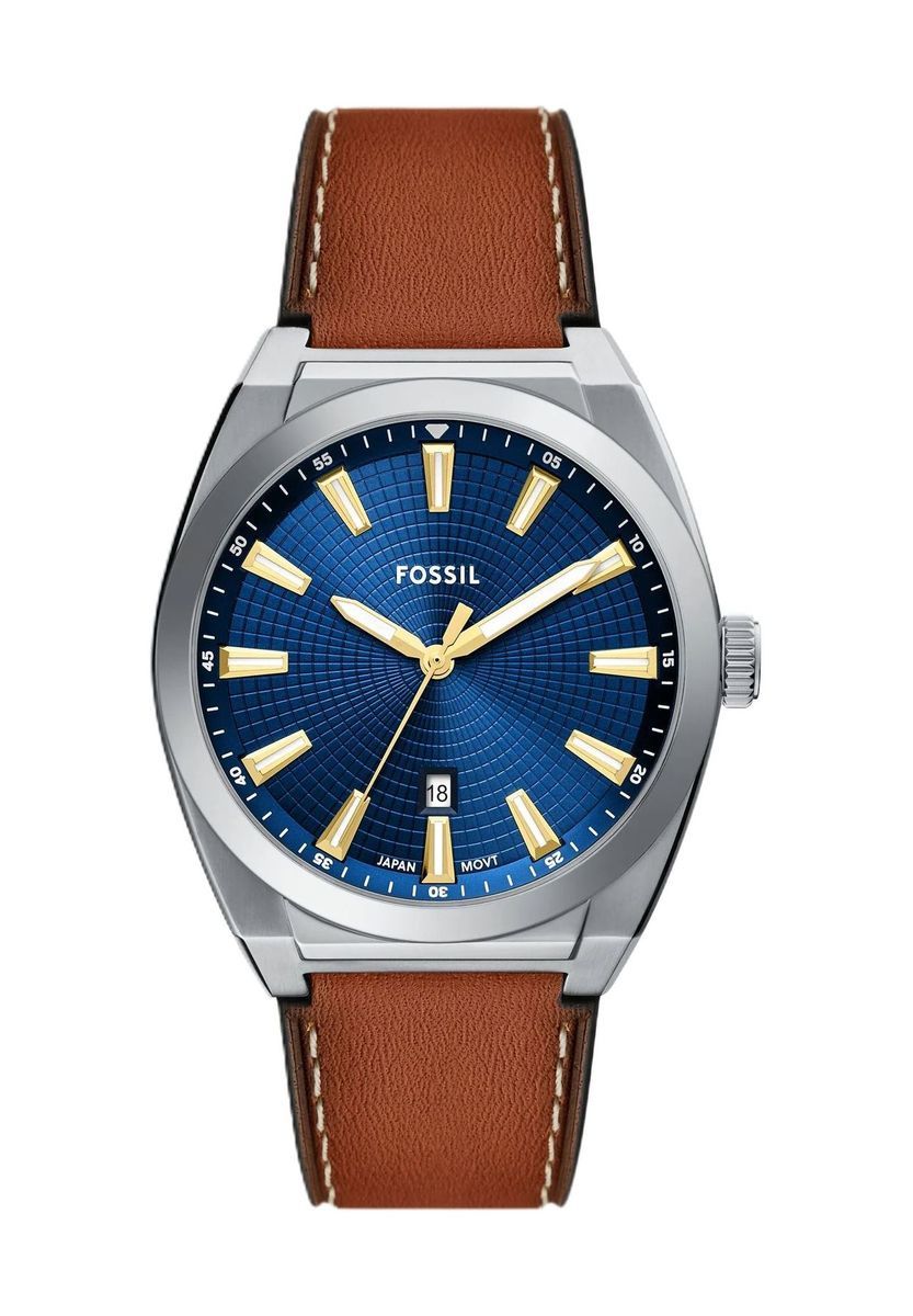 Klassische Armbanduhr blaues Zifferblatt braunes Leder