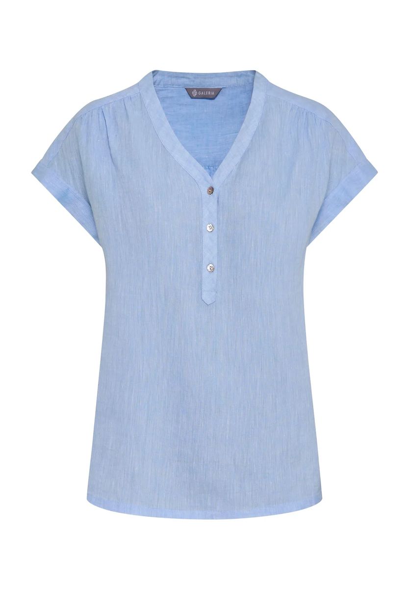 Kurzärmelige Leinenbluse mit Split-Neck