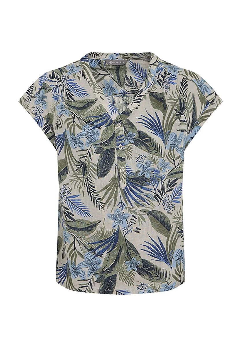 Bluse mit Tropenmuster und Split-Neck