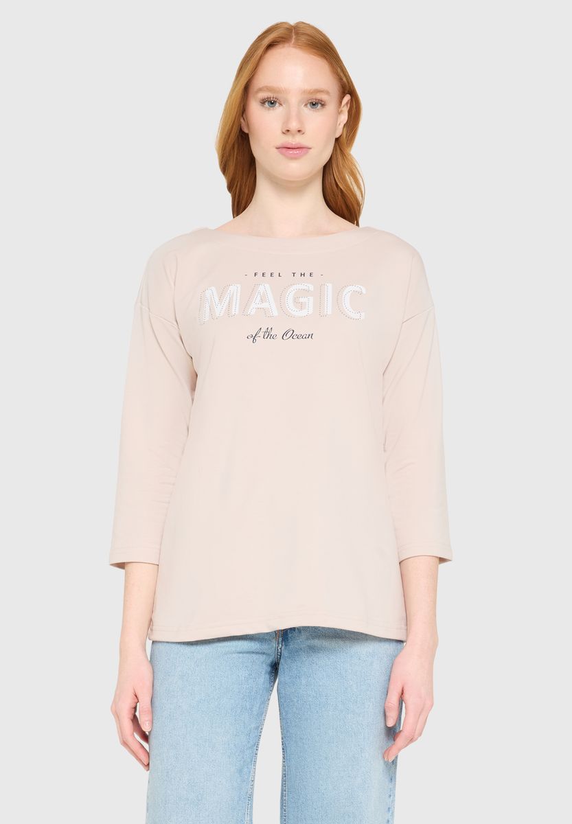 Sweatshirt mit 3/4-Ärmeln und U-Boot-Ausschnitt