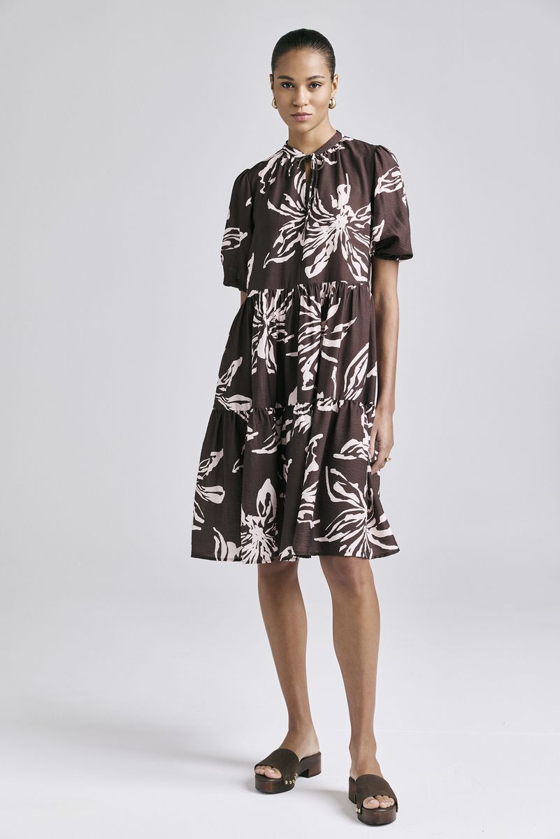 Gestuftes Midikleid mit Botanik-Print