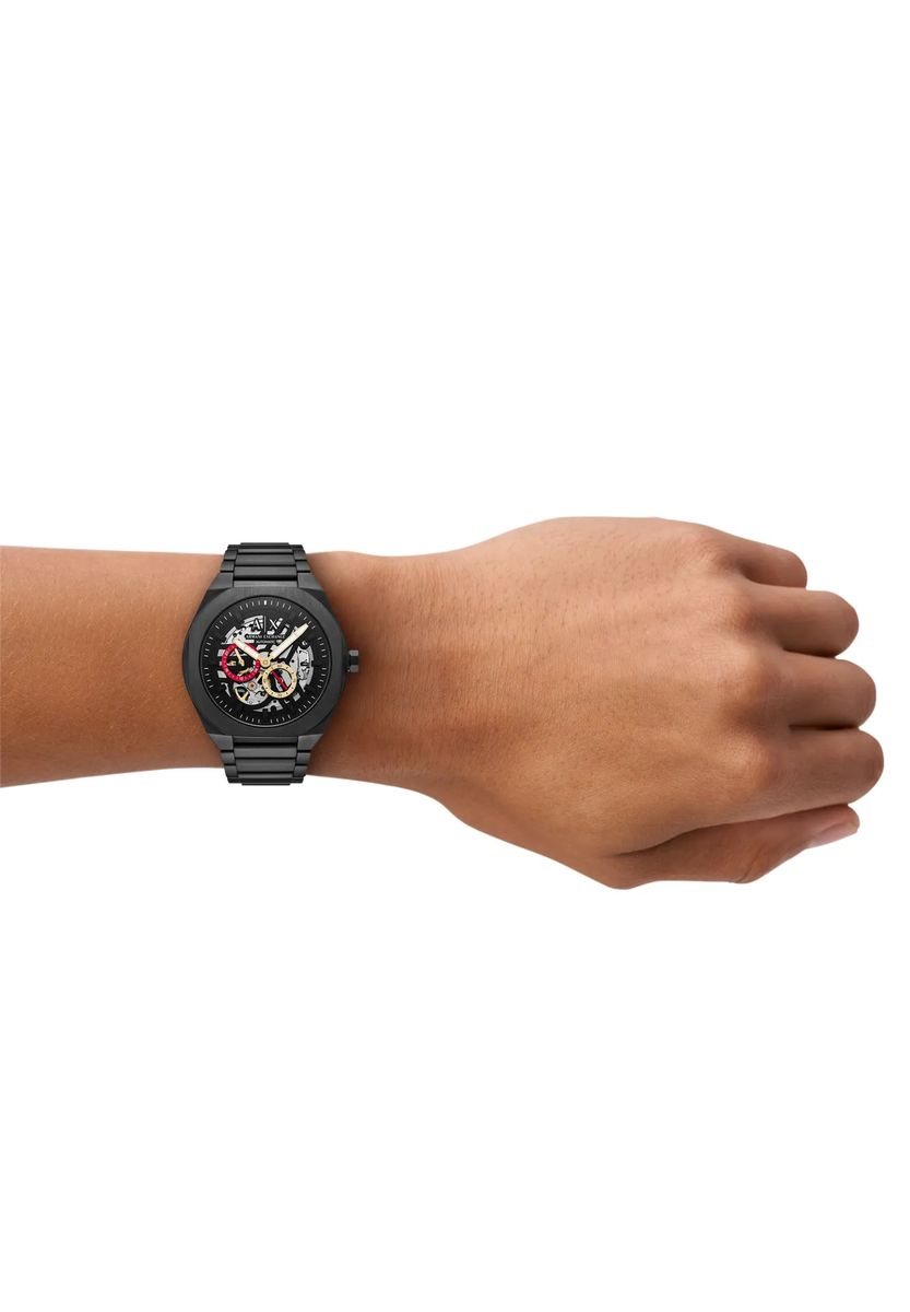 Automatikuhr mit Gliederarmband und Skelett-Zifferblatt