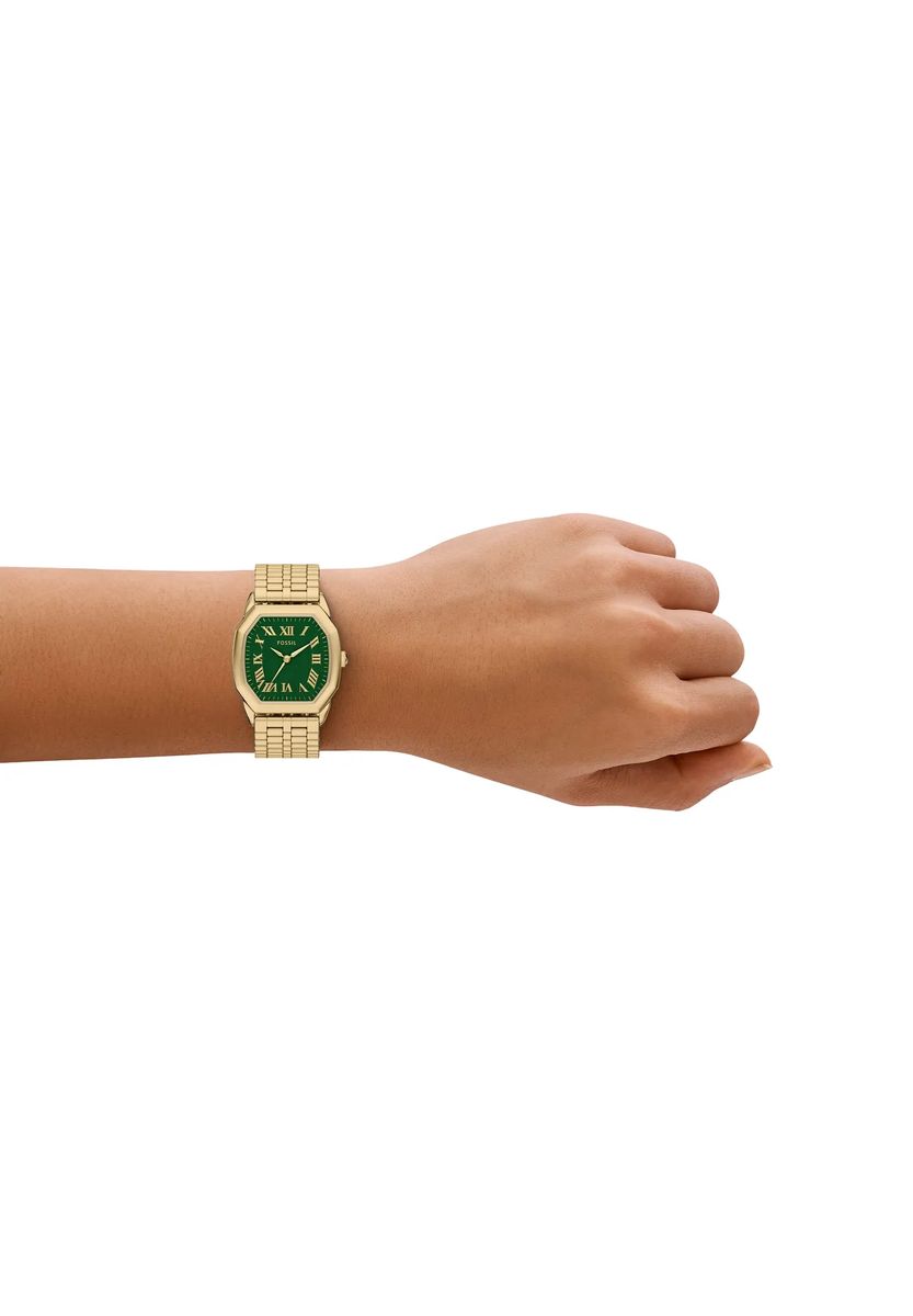 Achteckige Armbanduhr mit grünem Zifferblatt