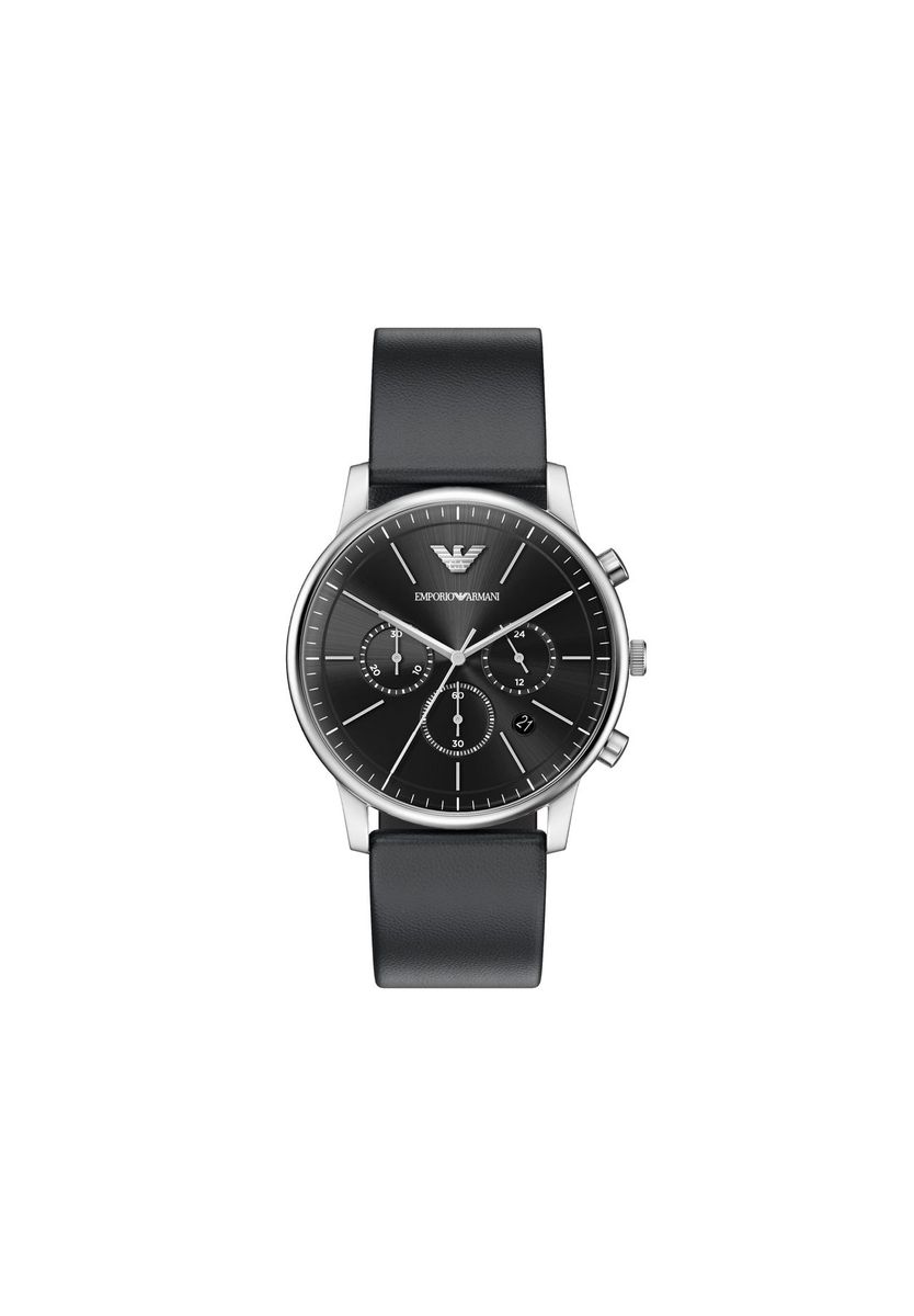 Eleganter silberner Chronograph schwarze Lederuhr