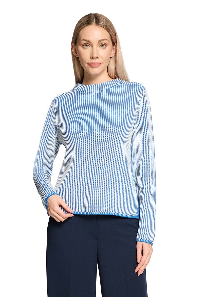 Gestreifter Rippstrickpullover mit Stehkragen