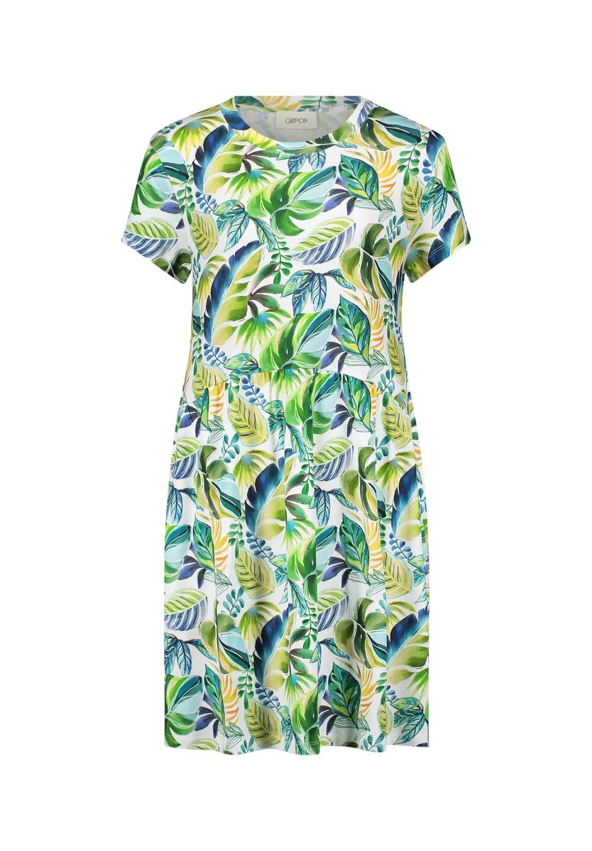 Freizeitkleid mit tropischem Print und Taschen