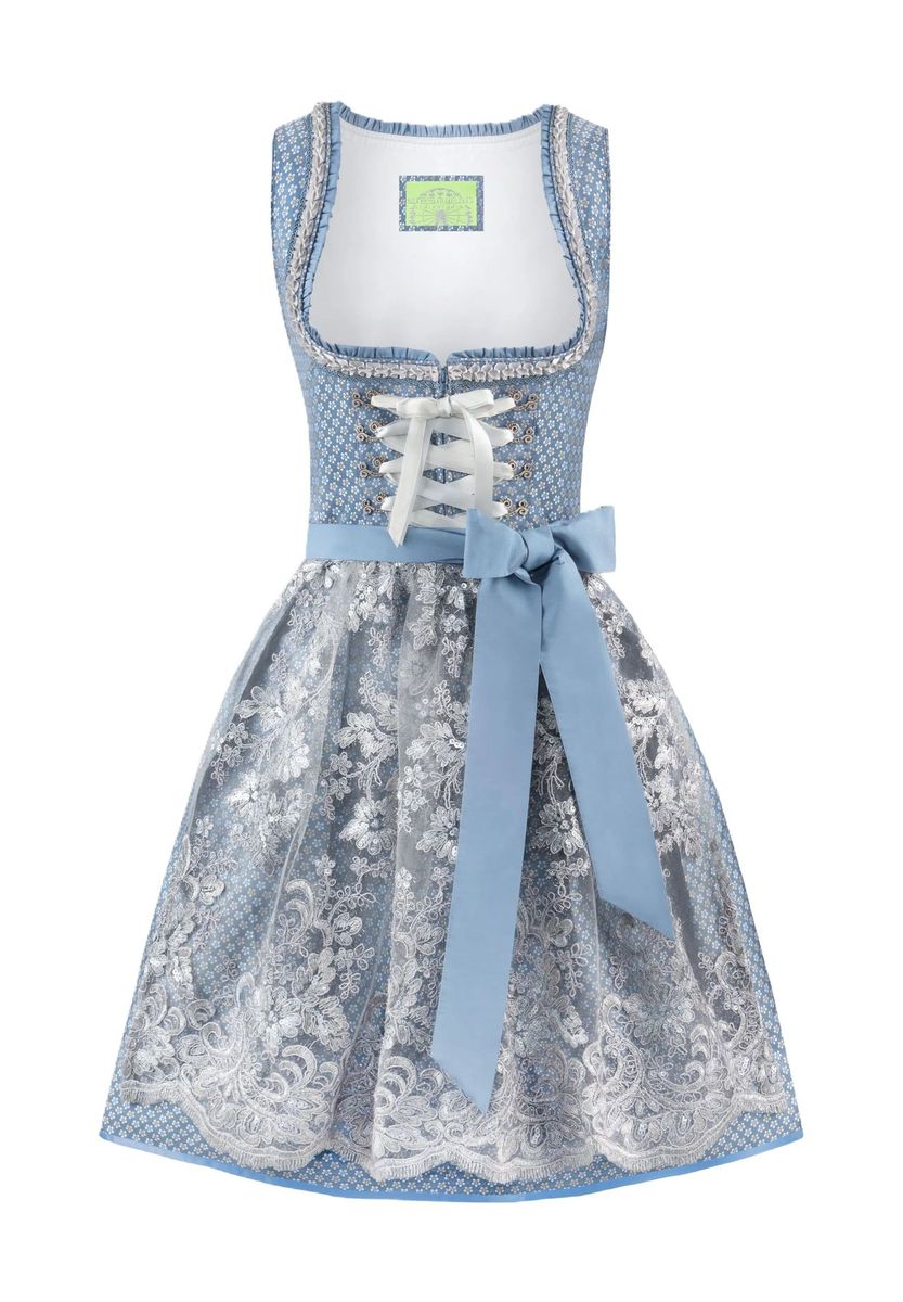 Traditionelles blaues Dirndl-Kleid mit Spitzenschürze