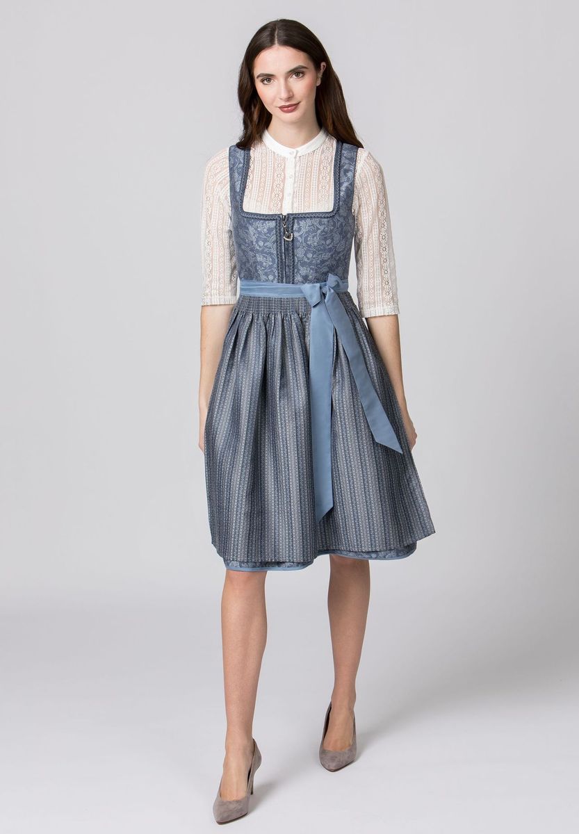 Elegantes blaues Dirndlkleid mit floralem Jacquardmuster
