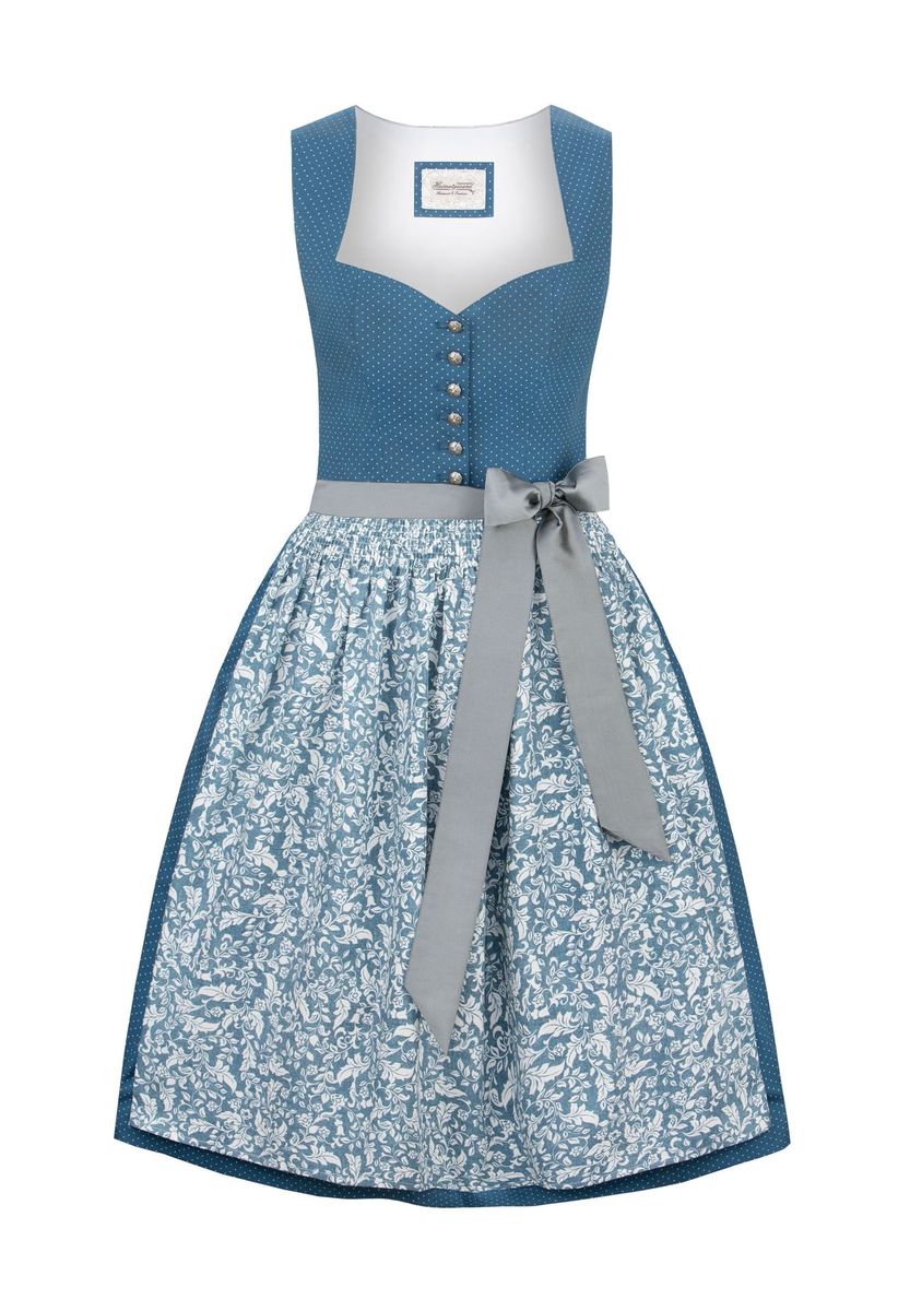 Blaues Dirndlkleid mit Blumenmuster und Punkten