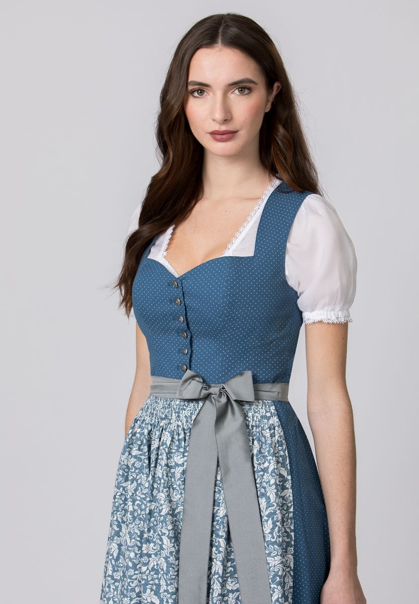 Blaues Dirndlkleid mit Blumenmuster und Punkten