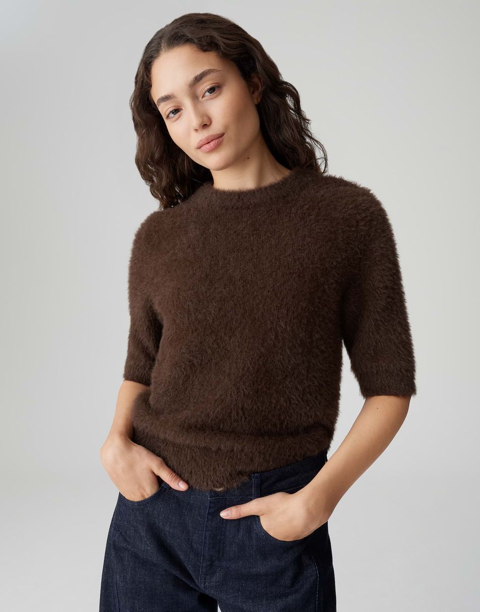 Flauschiger Strickpullover mit 3/4-Arm