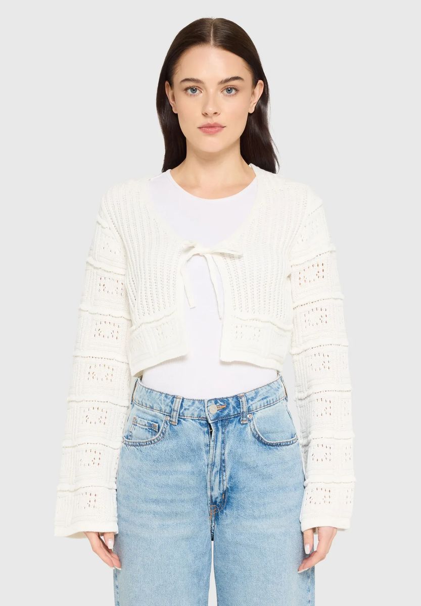Kurze Pointelle-Strickjacke zum Binden