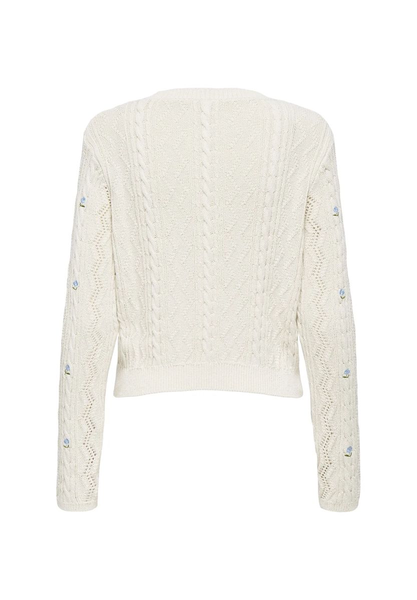 Zopfstrickpullover mit floraler Stickerei