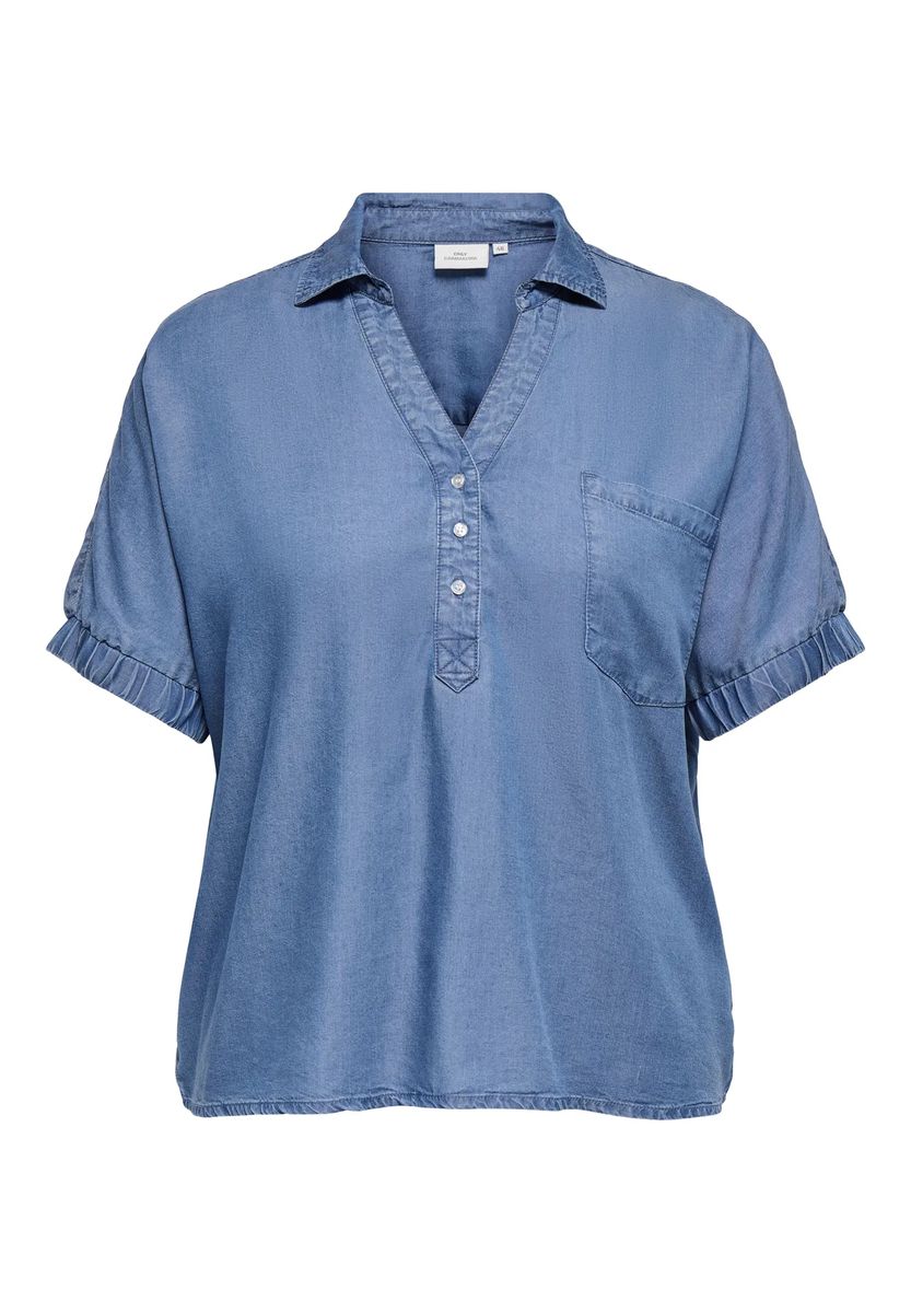 Lockere Kurzarm-Chambray-Bluse mit Knopfleiste