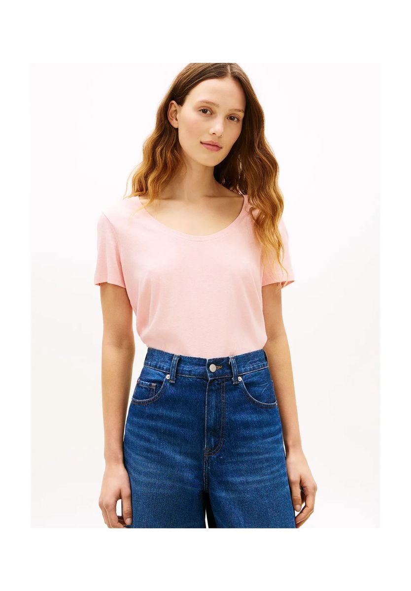 T-Shirt mit U-Ausschnitt und Leinenanteil