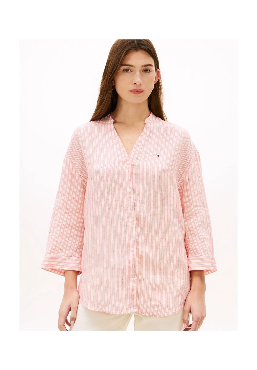 Gestreifte Leinenbluse mit Split-Neck