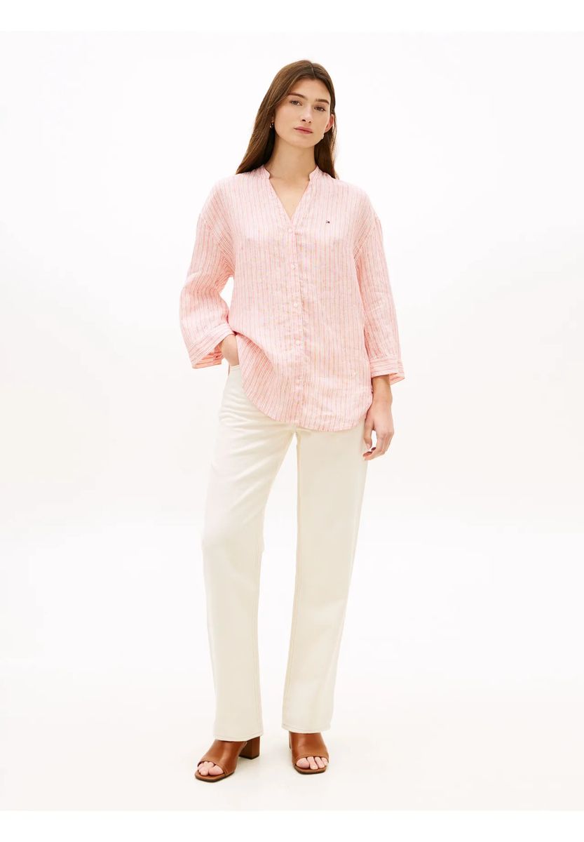 Gestreifte Leinenbluse mit Split-Neck
