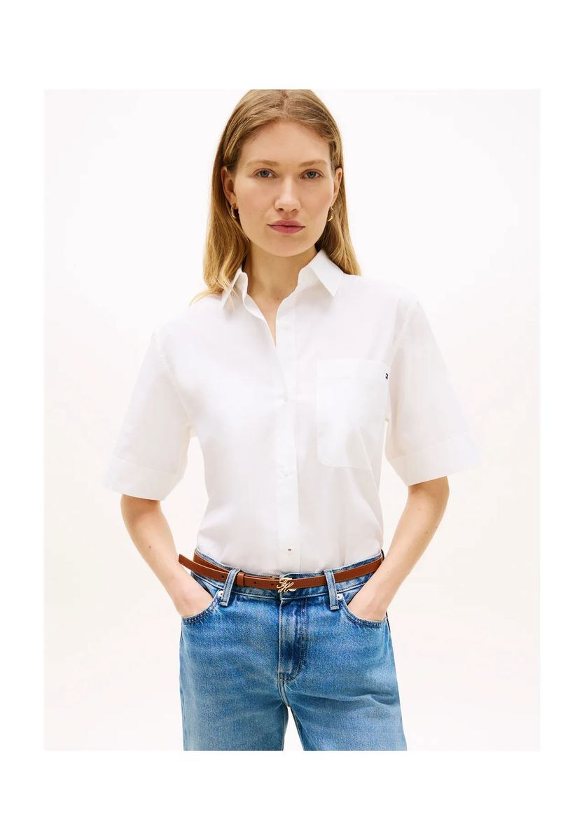 Gerade geschnittene Kurzarm-Oxford-Bluse